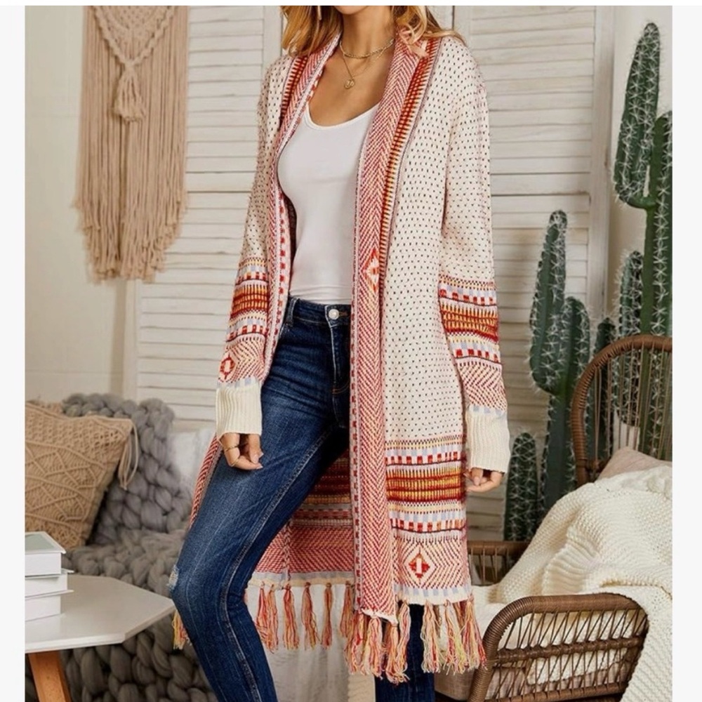 Boho Long Open Cardigan Sweater Maxi Knit Sweaters Aztec Tribal Tassel Sz Medium - Picture 8 of 10